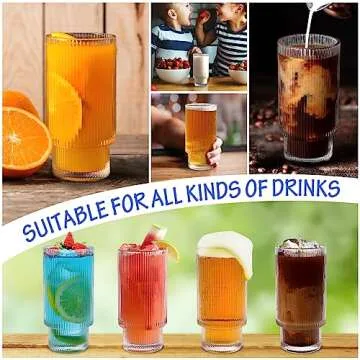 Naeety 16OZ Ribbed Glass Cups with Lids and Straws, Ribbed Glassware Set of 4, Drinking Glasses with Bamboo Lid, Vintage Fluted Glassware for Cocktail Whiskey Glass, Iced Coffee Aesthetic Cup