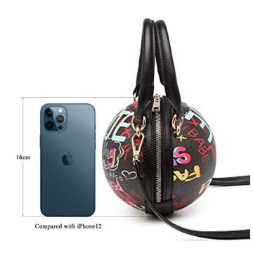 Teridiva Graffiti Letter Basketball Shaped Purse for Women Round Crossbody Bag Ladies Messenger Handbag