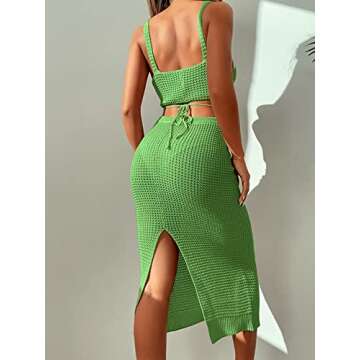 MakeMeChic Women's 2 Piece Crochet Swimsuit Cover Up Crop Tank Top and High Waisted Beach Skirt Set Green L