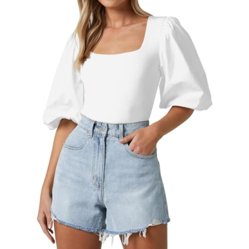 Nutssfiree Women's Square Neck Puff Short Sleeve Tops Summer Dressy Casual Blouse T Shirts White