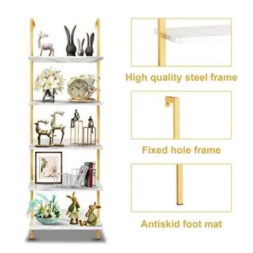 Wolawu 5 Tiers Ladder 2-Piece Shelf White Marble Modern Bookshelf Open Tall Wall Mount Bookcase Standing Leaning Wall Shelves Industrial Decorative