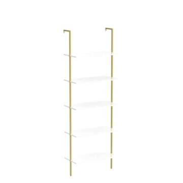 Wolawu 5 Tiers Ladder 2-Piece Shelf White Marble Modern Bookshelf Open Tall Wall Mount Bookcase Standing Leaning Wall Shelves Industrial Decorative
