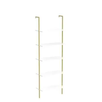 Wolawu 5 Tiers Ladder 2-Piece Shelf White Marble Modern Bookshelf Open Tall Wall Mount Bookcase Standing Leaning Wall Shelves Industrial Decorative