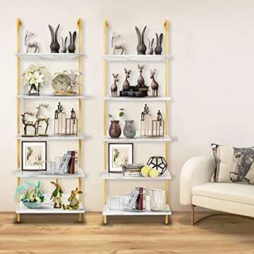 Wolawu 5 Tiers Ladder 2-Piece Shelf White Marble Modern Bookshelf Open Tall Wall Mount Bookcase Standing Leaning Wall Shelves Industrial Decorative