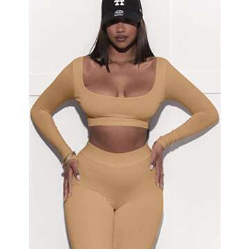Kaximil Women's Workout Tracksuit 2 Piece Outfits Long Sleeve Crop Top Legging Pants Matching Sets