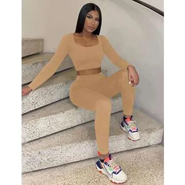Kaximil Women's Workout Tracksuit 2 Piece Outfits Long Sleeve Crop Top Legging Pants Matching Sets