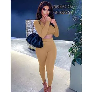 Kaximil Women's Workout Tracksuit 2 Piece Outfits Long Sleeve Crop Top Legging Pants Matching Sets