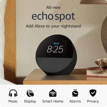 Echo Spot (2024 release) – Amazon Black and 4 months of Amazon Music Unlimited FREE w/ auto-renewa...