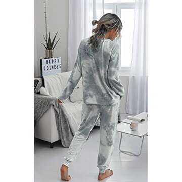 Angashion Women’s Tie Dye Pajamas Set Long Sleeves Two Pieces Pullover Tops and Pants PJ Sets Joggers Sleepwear Loungewear Gray White M
