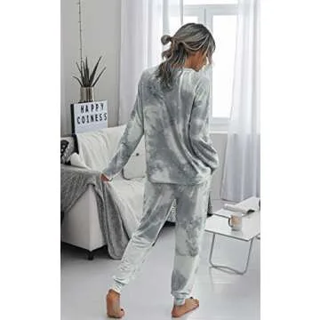 Angashion Women’s Tie Dye Pajamas Set Long Sleeves Two Pieces Pullover Tops and Pants PJ Sets Joggers Sleepwear Loungewear Gray White M