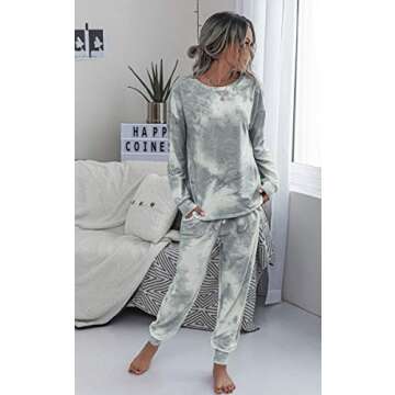 Angashion Women’s Tie Dye Pajamas Set Long Sleeves Two Pieces Pullover Tops and Pants PJ Sets Joggers Sleepwear Loungewear Gray White M