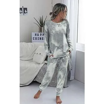 Angashion Women’s Tie Dye Pajamas Set Long Sleeves Two Pieces Pullover Tops and Pants PJ Sets Joggers Sleepwear Loungewear Gray White M