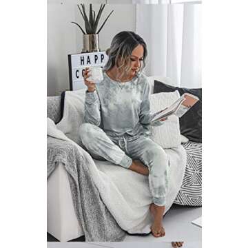 Angashion Women’s Tie Dye Pajamas Set Long Sleeves Two Pieces Pullover Tops and Pants PJ Sets Joggers Sleepwear Loungewear Gray White M