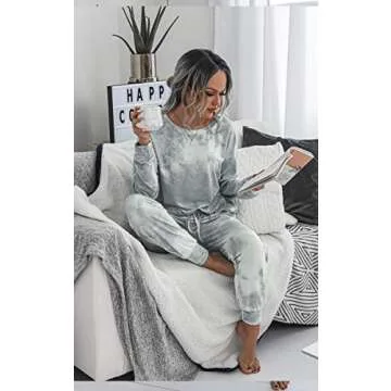 Angashion Women’s Tie Dye Pajamas Set Long Sleeves Two Pieces Pullover Tops and Pants PJ Sets Joggers Sleepwear Loungewear Gray White M