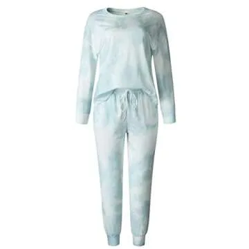 Angashion Women’s Tie Dye Pajamas Set Long Sleeves Two Pieces Pullover Tops and Pants PJ Sets Joggers Sleepwear Loungewear Gray White M