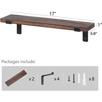 Mkono Floating Shelves Wall Mounted Rustic Wood Wall Shelf Modern Storage Shelving with L Brackets for Home Decor Bathroom Bedroom Living Room Kitchen Office Set of 2, Brown, 17"