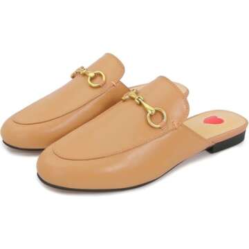 Vertundy Women's Tan Mules Brown Low Heel Flats Loafers Leather Slip On Backless