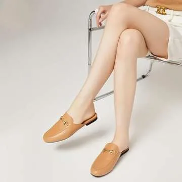 Vertundy Women's Tan Mules Brown Low Heel Flats Loafers Leather Slip On Backless