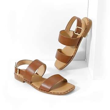 DREAM PAIRS Women's Summer Casual Dressy Cute Flat Sandals Comfortable Sexy Square-Toe Fashion One Band Strappy Shoes Wide Width, Tan, Size 8.5, Sdfs222w