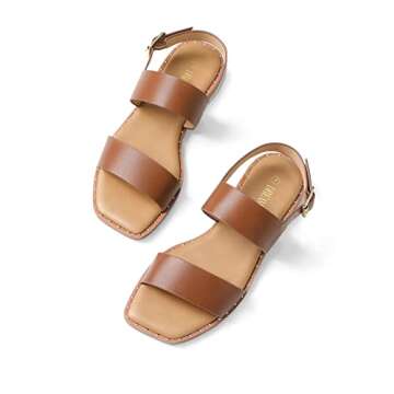 DREAM PAIRS Women's Summer Casual Dressy Cute Flat Sandals Comfortable Sexy Square-Toe Fashion One Band Strappy Shoes Wide Width, Tan, Size 8.5, Sdfs222w