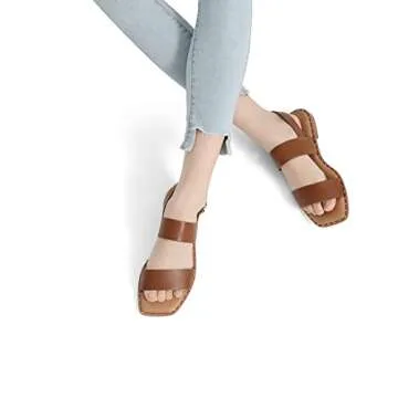 DREAM PAIRS Women's Summer Casual Dressy Cute Flat Sandals Comfortable Sexy Square-Toe Fashion One Band Strappy Shoes Wide Width, Tan, Size 8.5, Sdfs222w