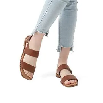 DREAM PAIRS Women's Summer Casual Dressy Cute Flat Sandals Comfortable Sexy Square-Toe Fashion One Band Strappy Shoes Wide Width, Tan, Size 8.5, Sdfs222w