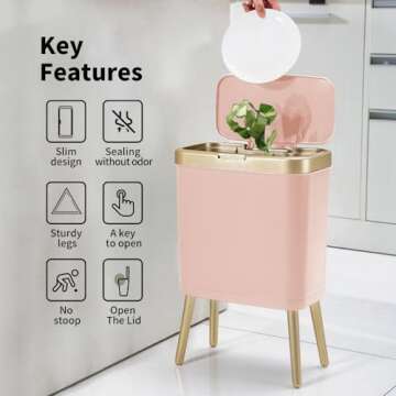 Procade Bathroom Trash Can with Lid, 4 Gallon Pink Garbage Can, Tall Plastic Trash Bin with Push But...