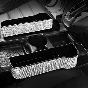 HOB4U Bling Car Seat Organizer Front Seat Gap Filler with Crystal Rhinestones Diamond, 2 Pack PU Leather Car Seat Organizer for Car Interior Accessories for Women, Silver