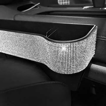 HOB4U Bling Car Seat Organizer Front Seat Gap Filler with Crystal Rhinestones Diamond, 2 Pack PU Leather Car Seat Organizer for Car Interior Accessories for Women, Silver