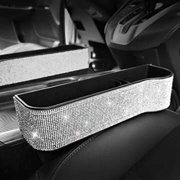 HOB4U Bling Car Seat Organizer Front Seat Gap Filler with Crystal Rhinestones Diamond, 2 Pack PU Leather Car Seat Organizer for Car Interior Accessories for Women, Silver