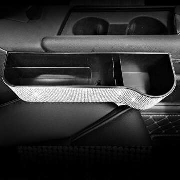 HOB4U Bling Car Seat Organizer Front Seat Gap Filler with Crystal Rhinestones Diamond, 2 Pack PU Leather Car Seat Organizer for Car Interior Accessories for Women, Silver