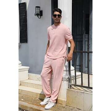FZNHQL 2023 Men's Sports Clothing Casual Tracksuit Set 2 Piece Outfits Polo Shirt Athletic Pants Track Suit for Men Fashion Sweatsuit Set Pink XL