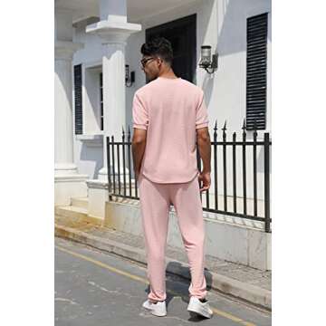 FZNHQL 2023 Men's Sports Clothing Casual Tracksuit Set 2 Piece Outfits Polo Shirt Athletic Pants Track Suit for Men Fashion Sweatsuit Set Pink XL