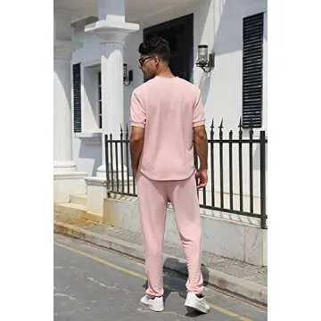 FZNHQL 2023 Men's Sports Clothing Casual Tracksuit Set 2 Piece Outfits Polo Shirt Athletic Pants Track Suit for Men Fashion Sweatsuit Set Pink XL