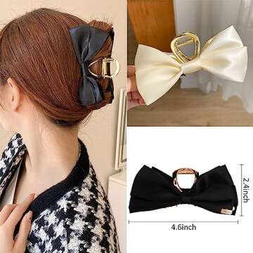 𝑪𝑼𝑩𝑨𝑪𝑶 Hair Bow Claw Clips for Women, 2pcs Bowknot Hair Clips Hair Bow for Women Medium Hair Clips for Thick Hair, Silk Bowknot Hair Jaw Clips Hair Styling Accessories Fashion (Black&White)