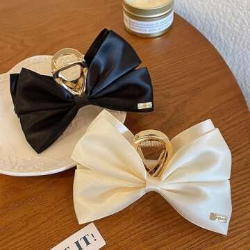 𝑪𝑼𝑩𝑨𝑪𝑶 Hair Bow Claw Clips for Women, 2pcs Bowknot Hair Clips Hair Bow for Women Medium Hair Clips for Thick Hair, Silk Bowknot Hair Jaw Clips Hair Styling Accessories Fashion (Black&White)