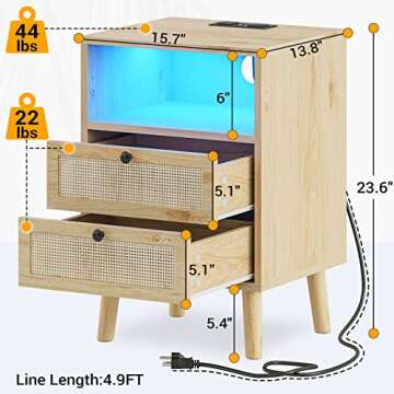 VIAGDO Rattan Nightstands Set of 2 with LED Lights, Night Stand with Charging Station and Storage Dr...