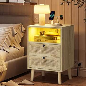 VIAGDO Rattan Nightstands Set of 2 with LED Lights, Night Stand with Charging Station and Storage Drawers, Bedside Tables with Solid Wood Feet, Modern End Side Table for Bedroom, Natural