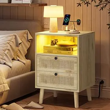 VIAGDO Rattan Nightstands Set of 2 with LED Lights, Night Stand with Charging Station and Storage Drawers, Bedside Tables with Solid Wood Feet, Modern End Side Table for Bedroom, Natural