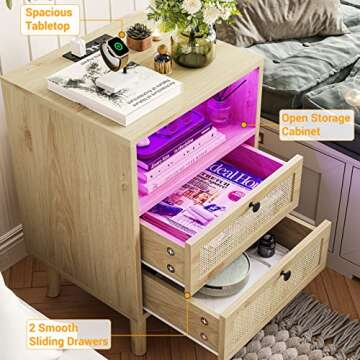 VIAGDO Rattan Nightstands Set of 2 with LED Lights, Night Stand with Charging Station and Storage Drawers, Bedside Tables with Solid Wood Feet, Modern End Side Table for Bedroom, Natural
