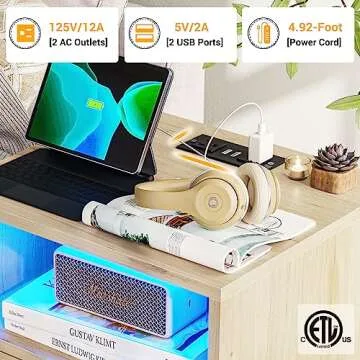 VIAGDO Rattan Nightstands Set of 2 with LED Lights, Night Stand with Charging Station and Storage Drawers, Bedside Tables with Solid Wood Feet, Modern End Side Table for Bedroom, Natural