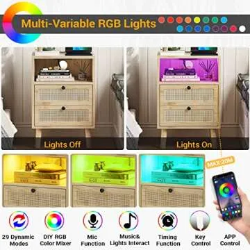 VIAGDO Rattan Nightstands Set of 2 with LED Lights, Night Stand with Charging Station and Storage Drawers, Bedside Tables with Solid Wood Feet, Modern End Side Table for Bedroom, Natural