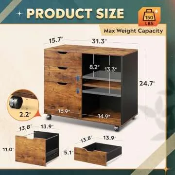 DEVAISE 3-Drawer Wood File Cabinet, Mobile Lateral Filing Cabinet, Printer Stand with Open Storage Shelves for Home Office, Rustic Brown