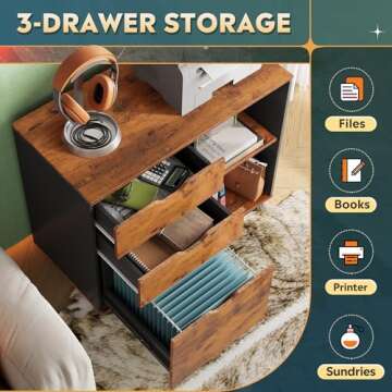 DEVAISE 3-Drawer Wood File Cabinet, Mobile Lateral Filing Cabinet, Printer Stand with Open Storage Shelves for Home Office, Rustic Brown