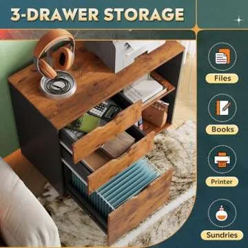 DEVAISE 3-Drawer Wood File Cabinet, Mobile Lateral Filing Cabinet, Printer Stand with Open Storage Shelves for Home Office, Rustic Brown