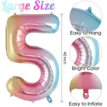 Rainbow Gradient Number 5 Balloon, 40 Inch Big Large Foil Number Balloons, Jumbo Mylar Number 5 Balloons for 5 Year Old Birthday Party Decorations Supplies Anniversary Celebration