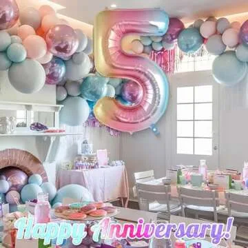 Rainbow Gradient Number 5 Balloon, 40 Inch Big Large Foil Number Balloons, Jumbo Mylar Number 5 Balloons for 5 Year Old Birthday Party Decorations Supplies Anniversary Celebration