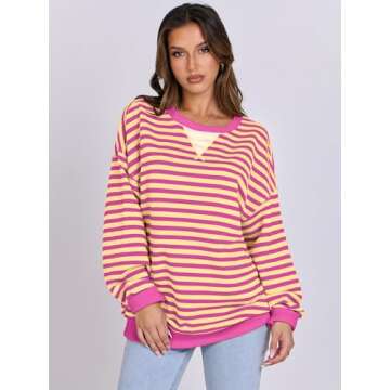 ANRABESS Women Striped Oversized Sweatshirt Long Sleeve Crewneck Shirts 2025 Fall Fashion Pullover Sweater Trendy Clothes Hot Pink Yellow Small