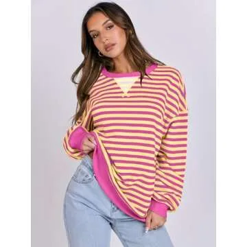 ANRABESS Women Striped Oversized Sweatshirt Long Sleeve Crewneck Shirts 2025 Fall Fashion Pullover Sweater Trendy Clothes Hot Pink Yellow Small