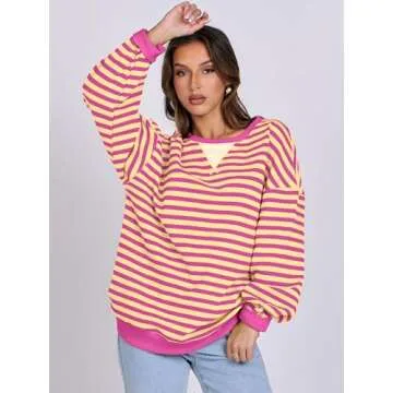 ANRABESS Women Striped Oversized Sweatshirt Long Sleeve Crewneck Shirts 2025 Fall Fashion Pullover Sweater Trendy Clothes Hot Pink Yellow Small